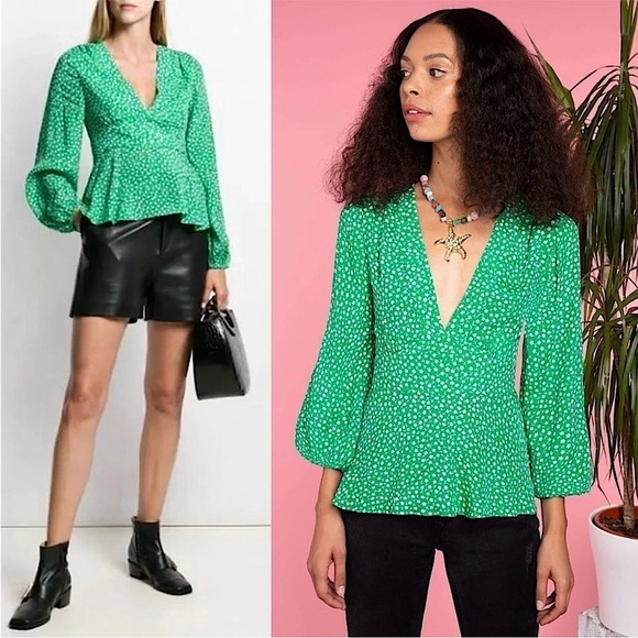 RIXO Tops - RIXO Silk Ditsy Floral Puff Long Sleeve V-Neck Empire Waist Ruffle Peplum Top XS